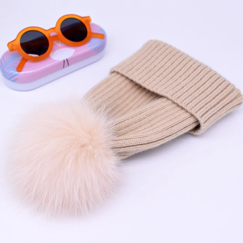 wool beige fox fur Новинка, зимняя шапка, роскошные качественные шапки с меховым помпоном, шапка высокого качества для девочек, женские зимние шапки - Цвет: wool beige fox fur