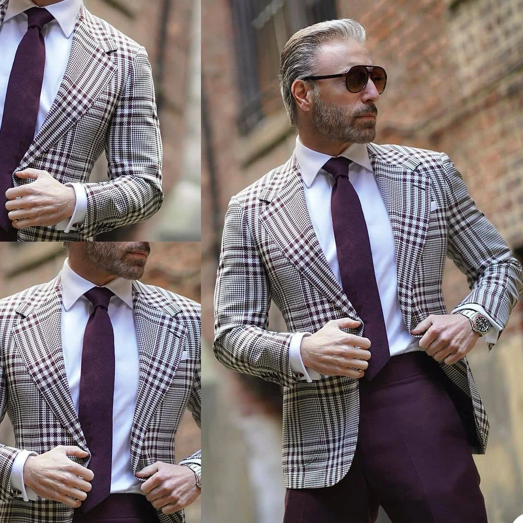 

Fashion Handsome Check Men Tuxedos Custom Made Vintage Plaid Smart Casual Blazer Classic Business Causal Party Wedding Jacket