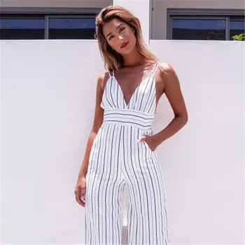 

2019 New Jumpsuit Women Striped Clubwear V-Neck Playsuit Sleeveless Jumper Bodycon Party Jumpsuit Female Summer Backless Romper
