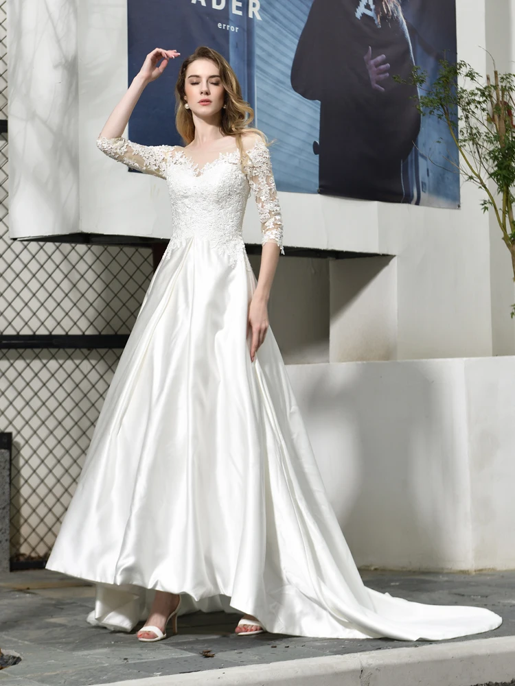 Vestido De novia Половина рукава невесты платье на заказ с аппликацией из кружева атласный суд Поезд Линия Свадебные платья - Цвет: Белый