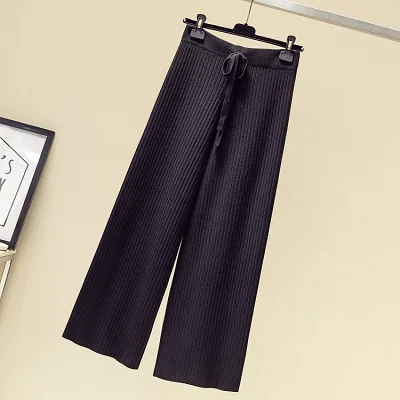 Утепленные зимние теплые трикотажные женские брюки корейский элегантный ребристый свитер брюки галстук-бабочка Эластичная Высокая талия широкие трикотажные брюки - Цвет: black