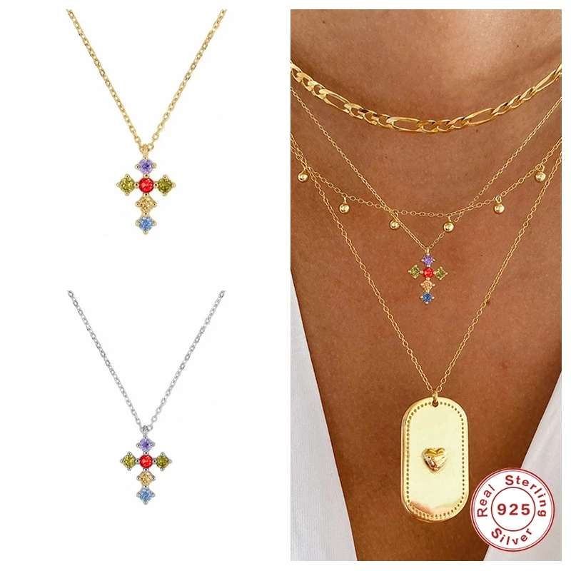 Aide-Collar de plata de ley 925 con seis colores del arco iris, colgante de Cruz de circonita, cadena larga para mujer, joyería fina de cristal de lujo
