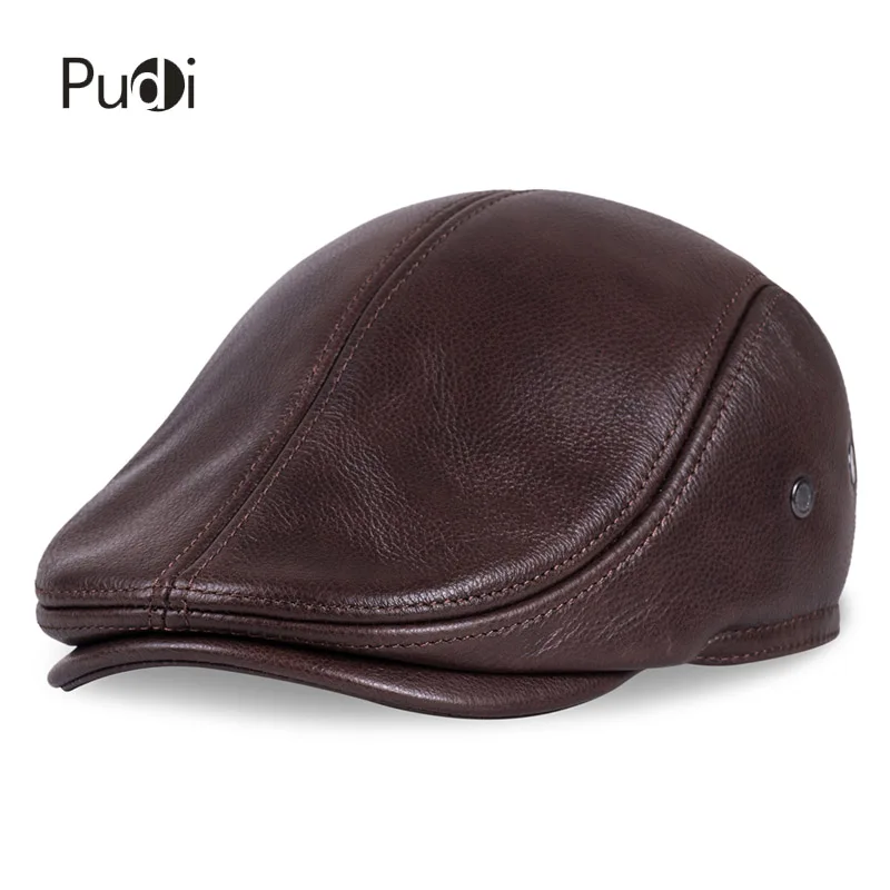 Cheap HL042 Spring Men s Real Genuine cow Leather baseball Cap brand Newsboy Beret Hat winter warm caps hats men with ears ear flap