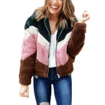 

Women Fashion Patchwork Long Sleeve Slim Jacket Autumn Fleece Warm Teddy Coat Winter Zip Up Casual Women Outwear Coats