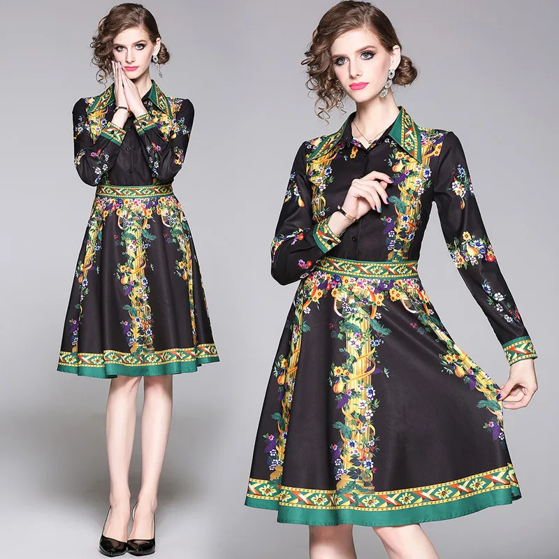 

2019 New Style Europe And America WOMEN'S Dress Fold-down Collar Single Breasted Long Sleeve Waist Hugging A- line Skirt Retro F