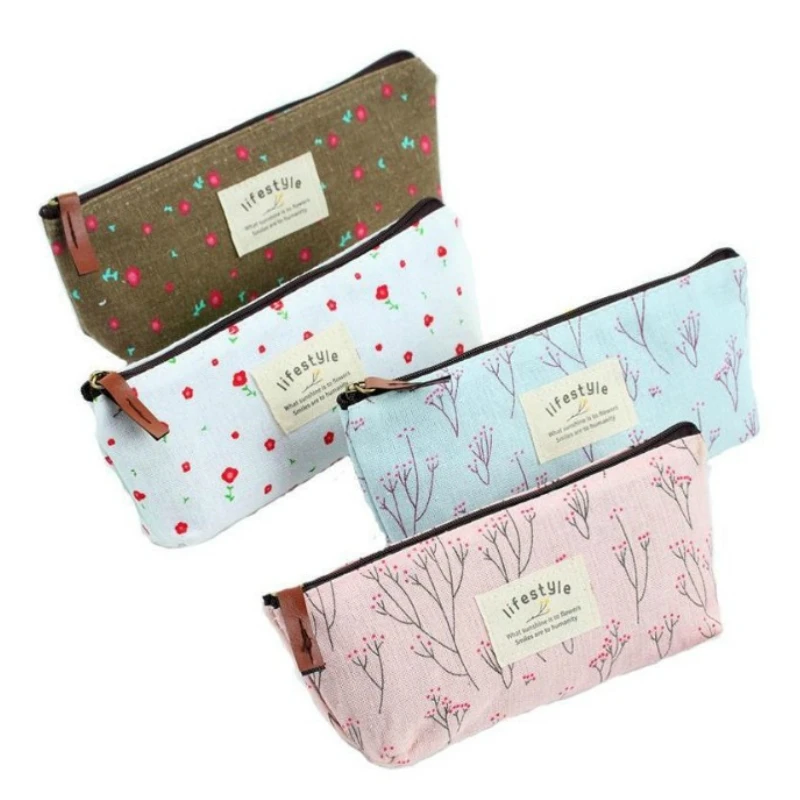 Cute Kawaii Floral Flower Canvas Zipper Pencil Cases Lovely Fabric Tree Pen Bags School Supplies Korean Stationery | Канцтовары для