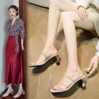 

2020 Summer Cross-shoes Comfort Shoes For Women Luxury Sandals Buckle Strap High Heels Suit Female Beige All-Match Ladies