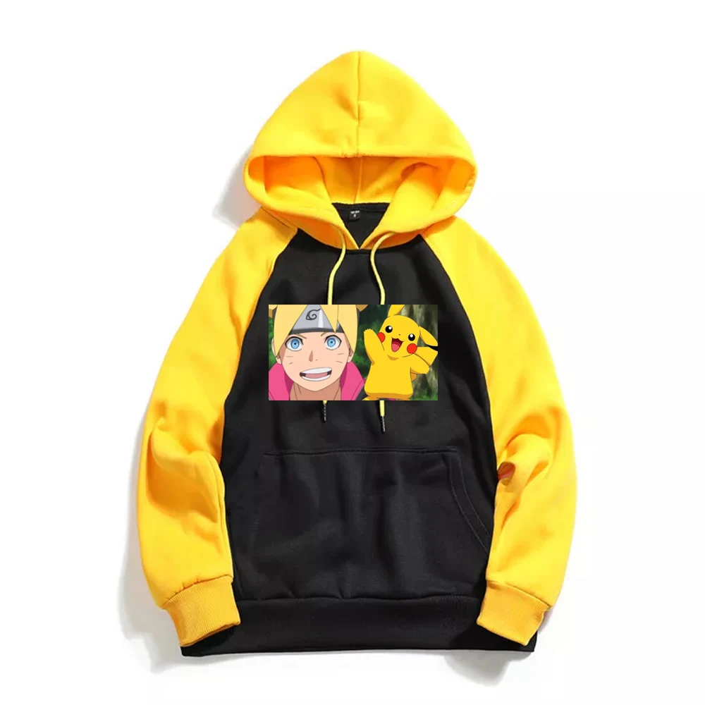 

Naruto Pikachu Anime Print Men's High Quality Long Sleeve Hooded Sweatshirt Raglan Hoodies Man Cotton Hoodie White