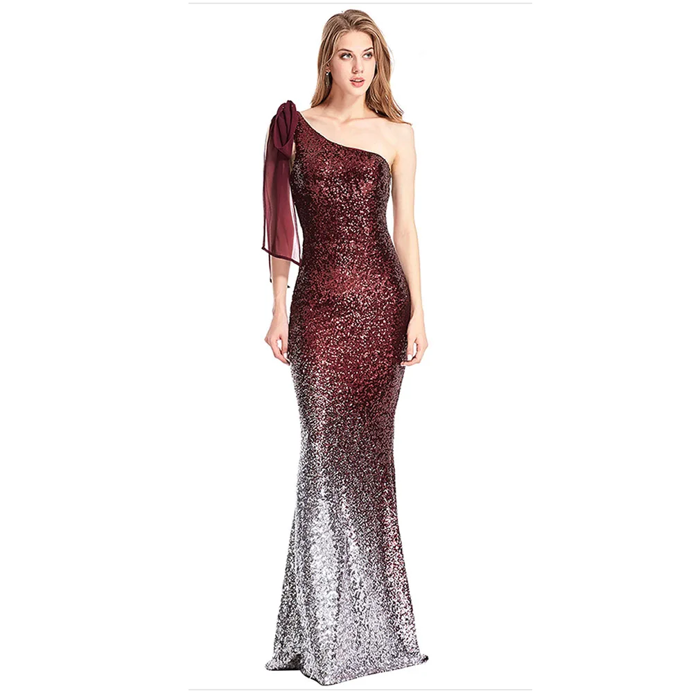 

burgundy one shoulder prom dress mermaid floor length gradient colorful Fashion evening ladies elegant party formal prom dresses