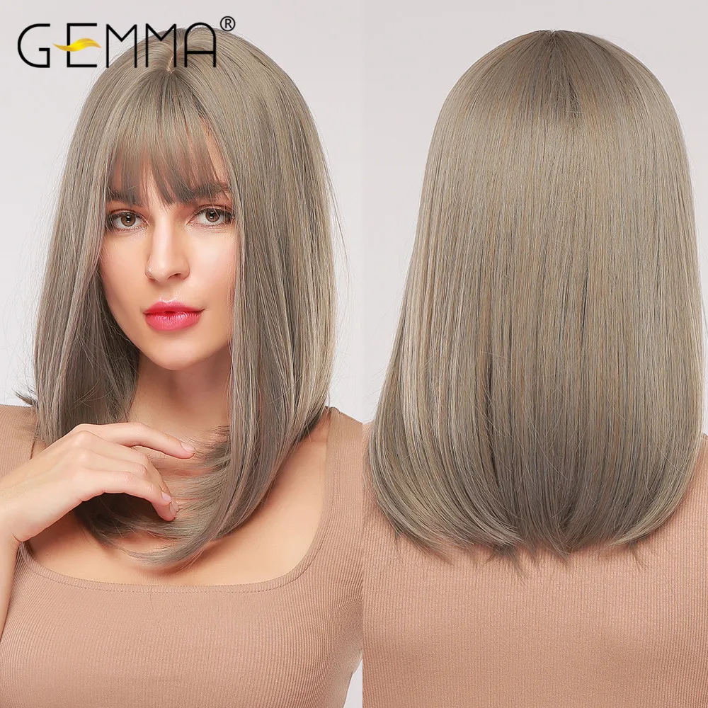 GEMMA-Peluca de cabello sintético para mujeres y niñas negras, pelo liso Natural de longitud media, corte Bob, color gris ceniza, para fiesta de Cosplay