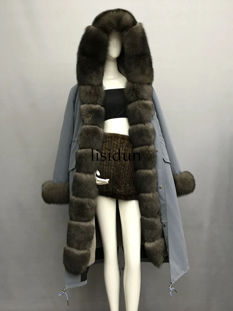 LISIDUN настоящая меховая Парка женская зимняя куртка натуральный Серебряный лисий мех пальто с капюшоном настоящая подкладка из кроличьего меха куртка женская шуба