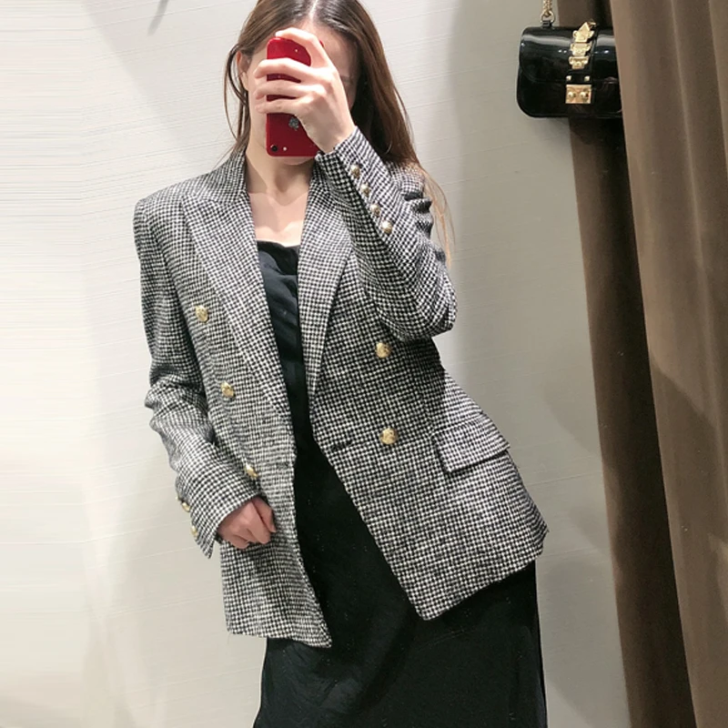 Autumn Winter Vintage Plaid Tweed Blazers Women Gold Button Doulbe Breasted Jacket Coat Female Outwear Office Lady Blazer Mujer