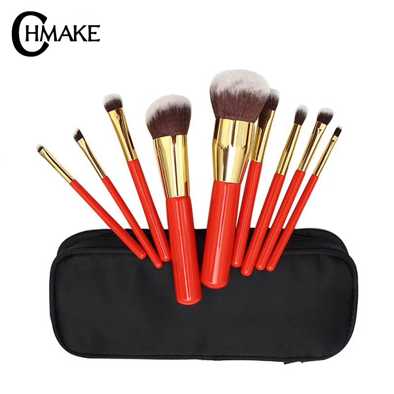 CHMAKE 9pcs Makeup Brushes Set Red Powder Foundation Eyeshadow For Cosmetics Soft Synthetic Hair With Case | Красота и здоровье