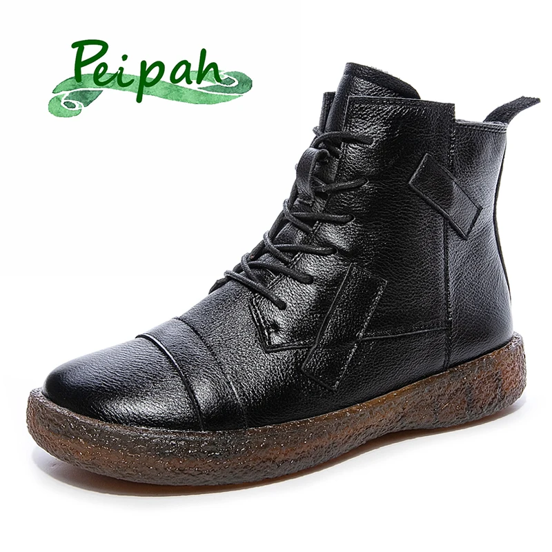 PEIPAH Women's Genuine Leather Shoes Woman Ankle Boots Female Retro Flat With Zip Women's Shoes Autumn Winter Bootee Woman