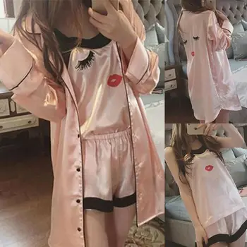 

Women 4 PCS Kimono Pajamas Top + Shorts + Robe + Eye Mask Sleepwear Clothing Set