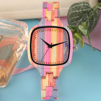

Women Wooden Watch Quartz Colorful Wood Square Dial Full Bamboo Bracelet Watch Wooden Strap Gifts For Lady Girls Reloj Mujer