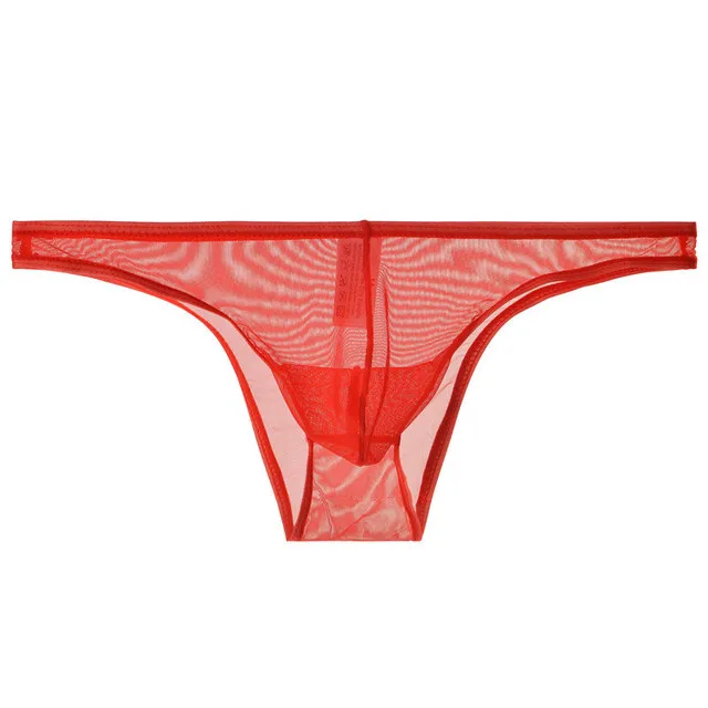 Men's Sexy See Through Briefs Mesh Gauze Sheer Transparent Seamless Panties Underwear Low-Rise Ultra-Thin Male Underpants Cuecas C Red