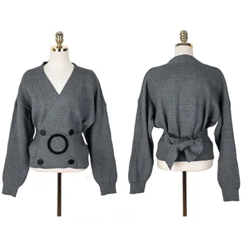 

M Fashion Cardigan Sweater Women With Belt Solid Color V-Neck Sweaters Laced Backless Long Sleeve Casual Autumn Loose Tops