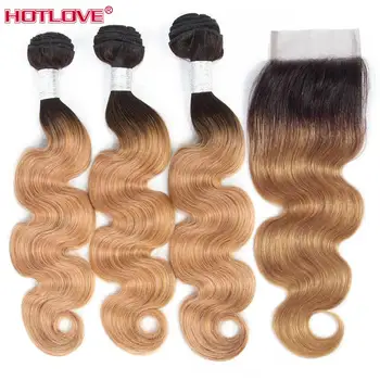 

Brazilian Body Wave Hair Weave 3 Bundles with Closure 4*4 Lace Closure non Remy Human Hair Extensions T1B/27 Blonde Hair