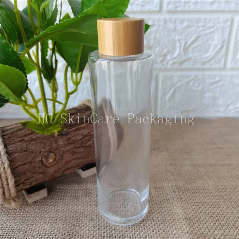 Luxury Cosmetics Packaging Glass Bottle Sets Bamboo Lid Cream Jar