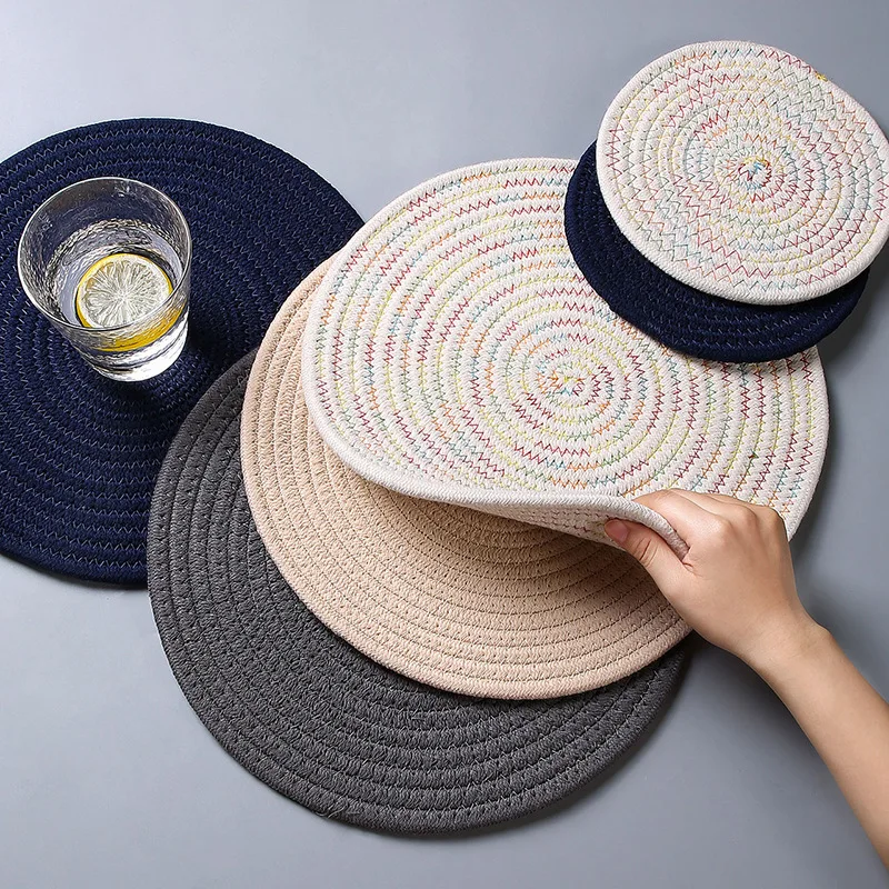 1pc Round Placemat Coaster Table Mat Cotton Linen Knitting Bowl Insulation Pad Non Slip Place Mat Kitchen Accessories Decoration