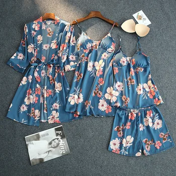 

2020 Summer New Blue Robe Suit Casual Satin 4PCS Sleepwear Lady Kimono Gown Nightdress Sexy Intimate Lingerie Silky Homewear