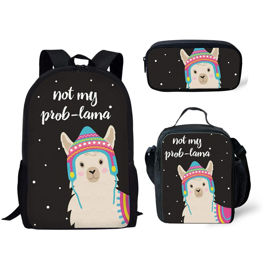 Teenage Boys Girls Schoolbag School Bags with Cartoon Llama Alpaca Print Backpacks 3 Pcs/Set Daily Book Bag Mochila Custom 2020