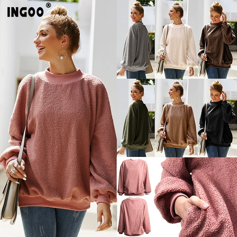 INGOO 7 цветов женские утепленные плюшевые зимние толстовки повседневные свободные невидимые Pocke теплые пуловеры с длинными рукавами Толстовка