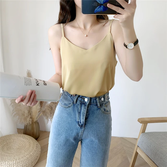 Korean Chiffon Top Women Woman V-neck Satin Tank Top Woman Sleeveless Vest Tops Tees Loose Sexy Women White Top Ladies Camis 856-Yellow