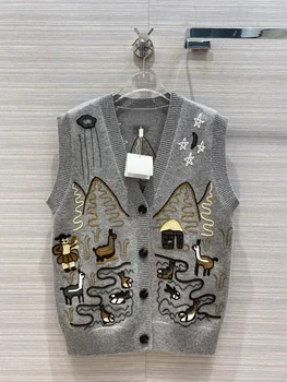 

2020 New Autumn Winter V-neck Sleeveless Embroidery Cartoon Cashmere 100% Vest Sweater Women Free Shipping