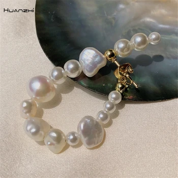 

HUANZHI 2020 New Retro Irregular Baroque Natural Freshwater Pearls Stud Earrings U Shape Circle for Woman Girls Party Jewelry