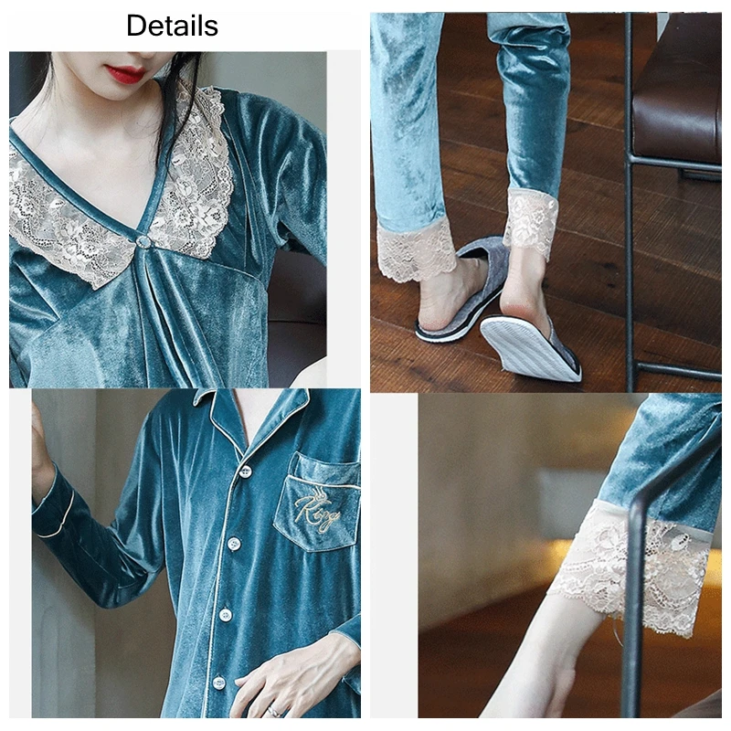 Kupokasi Warm Velvet Women Man Pajamas Set Autumn Winter Sleepwear Long Sleeves Couple Pyjama Female Lace Nightwear