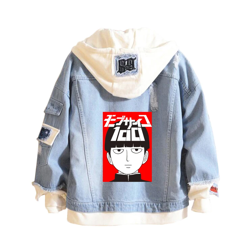 Горячая Распродажа аниме Mob Psycho 100 толстовки с капюшоном ковбой поддельные две части Толстовка Повседневная джинсовая мужская женская куртка
