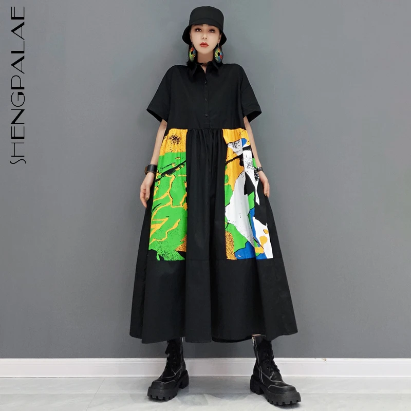 SHENGPALAE Elegant Contrast Color Printed Shirt Derss Women's Summer 2022 New Lapel Loose Short Sleeve Mid-calf Dresses Female | Женская