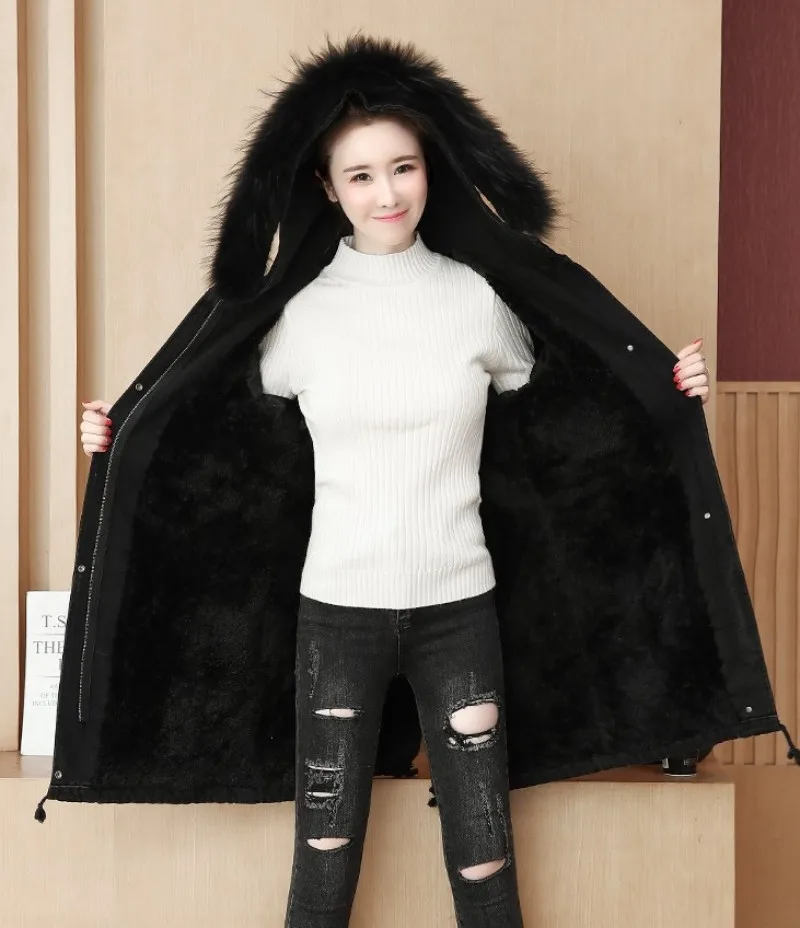 Повседневные женские джинсовые куртки средней длины на молнии с длинным рукавом, зимние толстые теплые куртки с флисовой подкладкой и большим меховым воротником, женские пальто с капюшоном