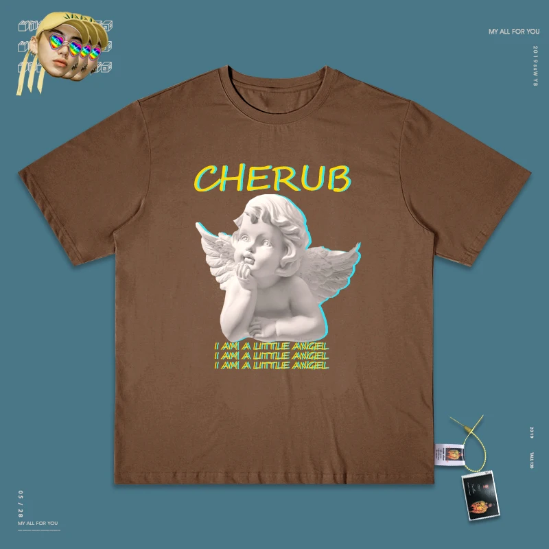 Ins A Fairy Gas/Настоящая одежда, скульптура, портрет, Паровая волна, футболка, платье для влюбленных, футболка, мужская, тяжелое изображение, неоновые огни - Цвет: Deep coffee color