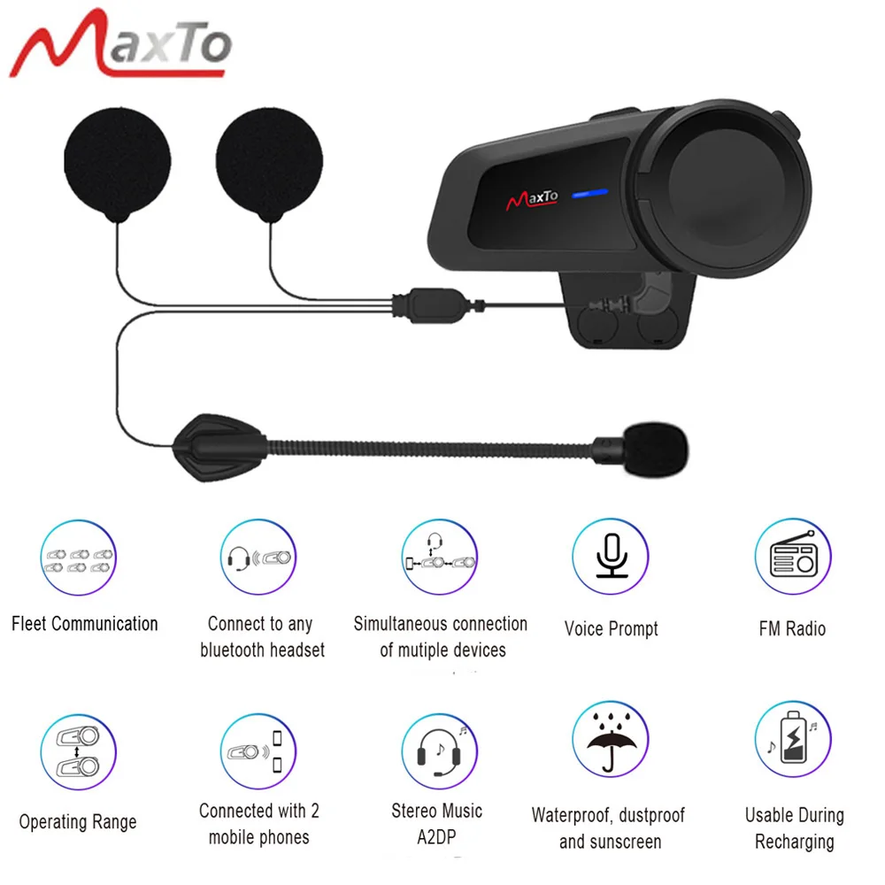Maxto M2 Waterproof Motorcycle Helmet Headset 6 Riders Group Bluetooth5.0 Talking Intercom FM Radio Universal Pairing Function
