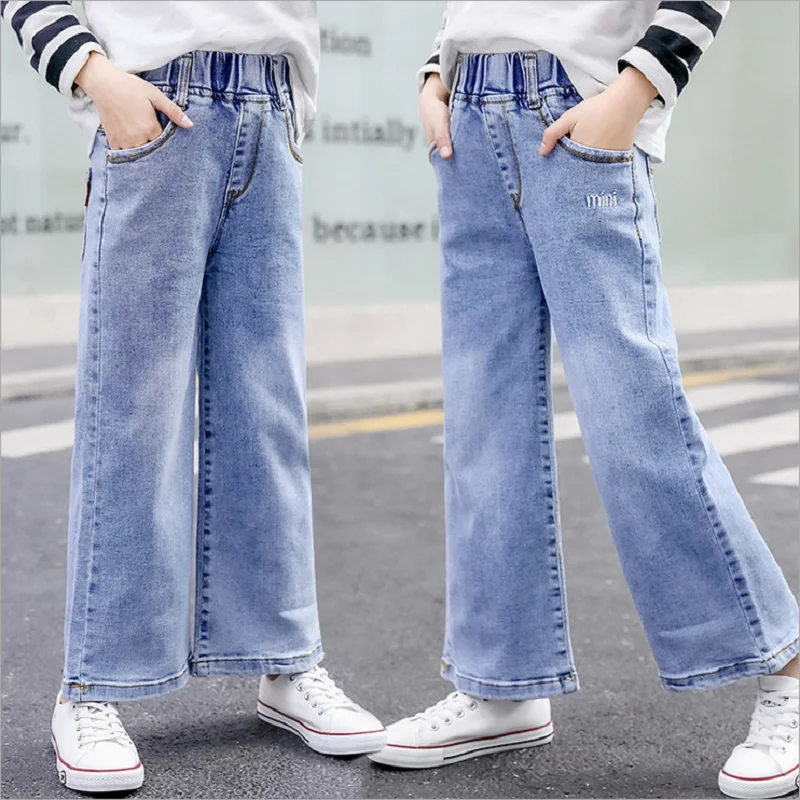

Spring Autumn Jeans For Children Long Denim Pants Cotton Wide Leg Ripped Jeans For Girls Kids Clothes Jeans Teens Girls 4-14Y