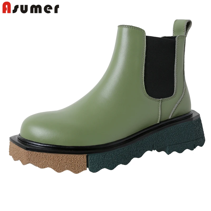 

Asumer Chelsea Boots Genuine Leather Shoes Stretch Slip On Fashion Ankle Boots Platform Short Autumn Winter Ladies Shoes