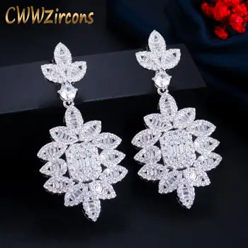

CWWZircons Full Shiny White Cubic Zirconia Pave Leaf Drop Long Earrings for Brides Party Wedding Engagement Jewelry Gift CZ783