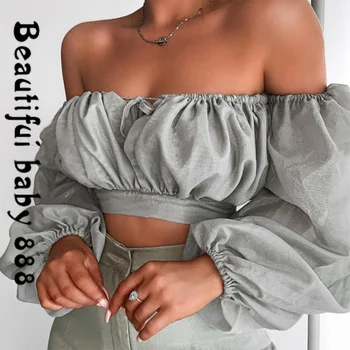 

2019 New autumn sexy Strapless club party Elegant full sleeve Slim tee shirt mujer French romantic mesh crop top women T-shirt