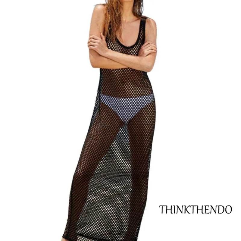 Summer Sleeveless Vest Style Hollow Out Mesh See Through Fishnet Solid Color Backless Deep V-Neck Lingerie Swimsuit Cover-Ups