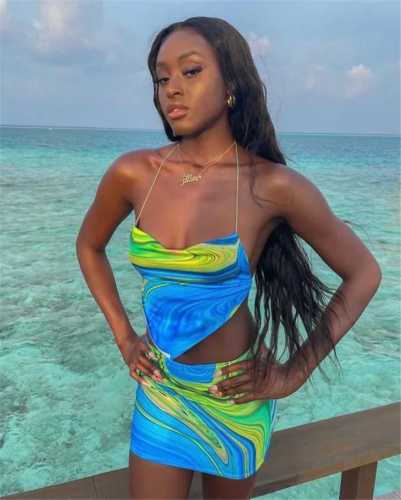 Outfits sem Costas Topos e Mini Vestido de Verão Nadaffair Praia Sexy Vestido Feminino Duas Peças Conjunto Clube Colheita Saias Terno Bodycon Tie Dye 7 Cheap Terninho com saia