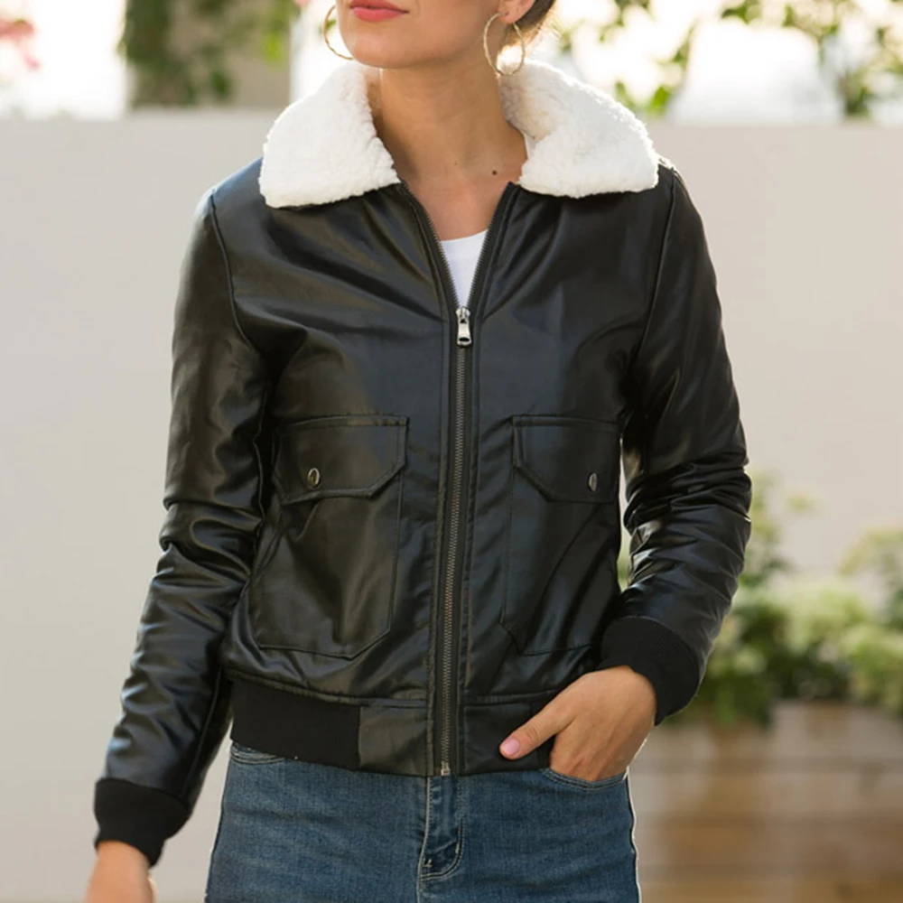 

JODIMITTY Leather Jackets Women Coat Female 2019 Winter Long Sleeve Faux Leather Coat Motorcycle Fur Jacket Ladies PU Plus Size