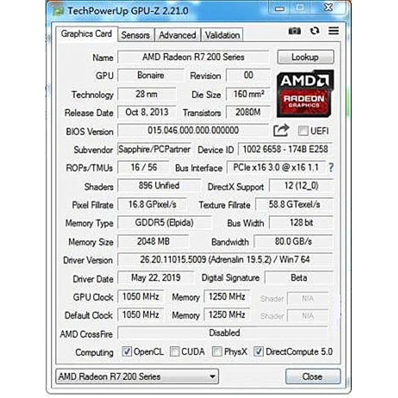 Original SAPPHIRE R7 260X 2GB Graphics Cards GPU AMD Radeon R7260 R7 260 2GB Screen Video Cards Computer Game Map VGA PCI-E X16