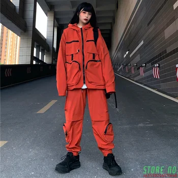 

2020 Loose Jacket Cargo Pants 2 Pieces Set Winter Spring Women Windbreaker Zip-up Overcoat Trousers Tracksuit Hoodies Joggers