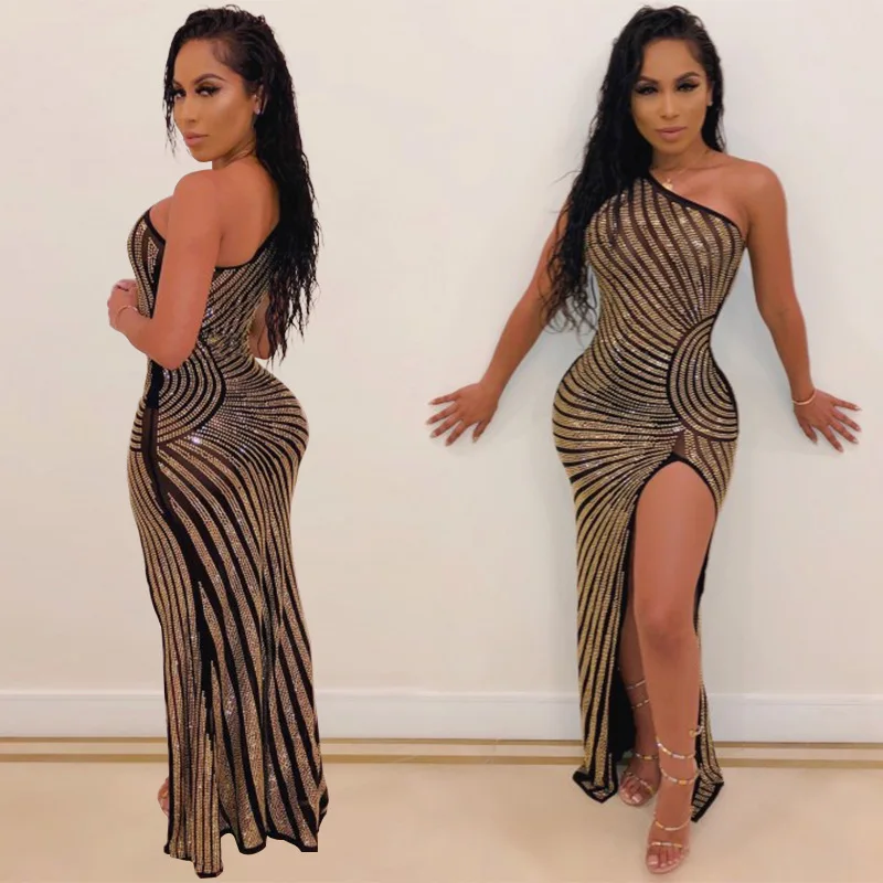 SUJYing New Winter Women's Sexy Mesh Ironing One Shoulder Split Dress Mesh See-through Party Dew Shoulder Sleeveless Women Dress