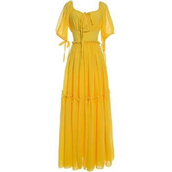 

YOSIMI Chiffon Long Women Dress 2020 Summer Maxi O-neck Short Sleeve Plus Size S-XXXL Fit and Flare Yellow Party Dress Elegant