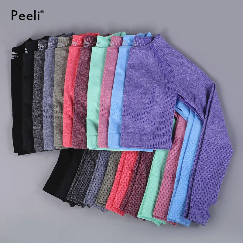 Peeli Long Sleeve Gym Crop Top Sports Yoga Top Women Seamless T-Shirts Fitness Crop Sport Active Wear Workout Athletic Shirt