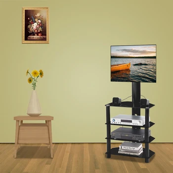 

Black Multi-Function Angle Height Adjustable 4-Tier Tempered Glass Metal Frame Floor Tv Stand Bracket Four Layers Of Glass Shelf